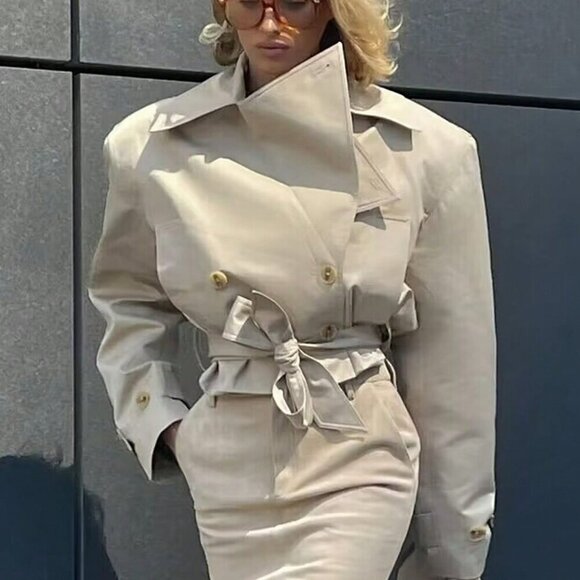 Khaki Casual Women's Cropped Trench Coat With Belt - Picture 2 of 6